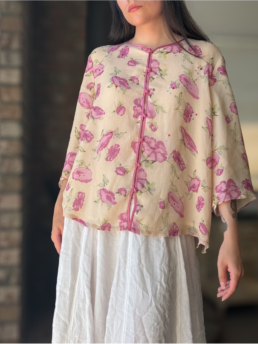 Boho floral print pink babydoll fairy button up blouse